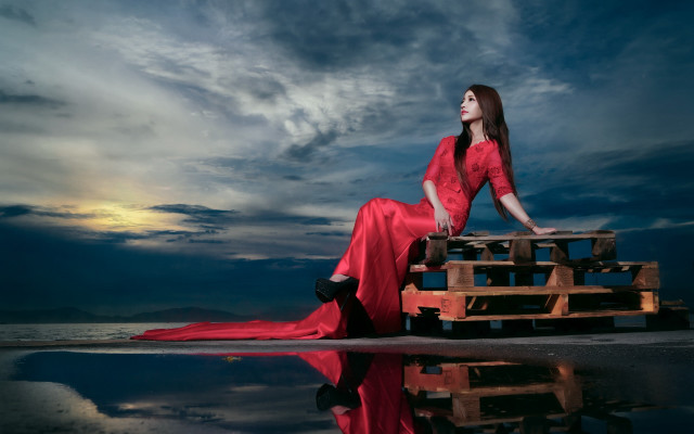 Woman red dress sitting wooden free wallpaper for desktop - medium preview image