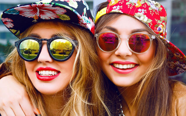 Two women hats sunglasses smiling free wallpaper for desktop - medium preview image