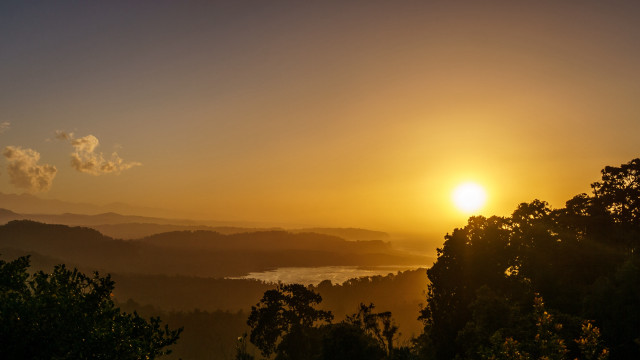 Sunset lake mountains trees clouds free wallpaper for desktop - medium preview image