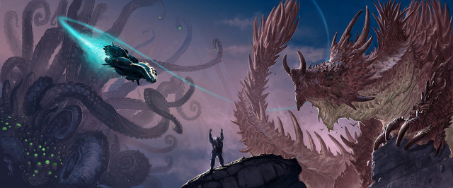 Man flying monster purple sky free wallpaper for desktop - medium preview image