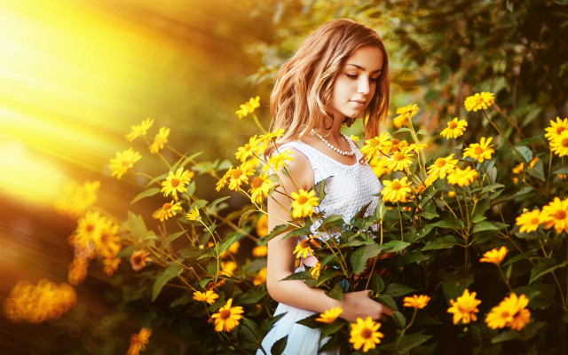 Girl white dress yellow flower free wallpaper for desktop - medium preview image