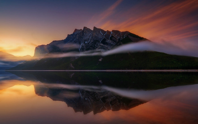 Mountain reflection sunset clouds cityscape free wallpaper for desktop - medium preview image