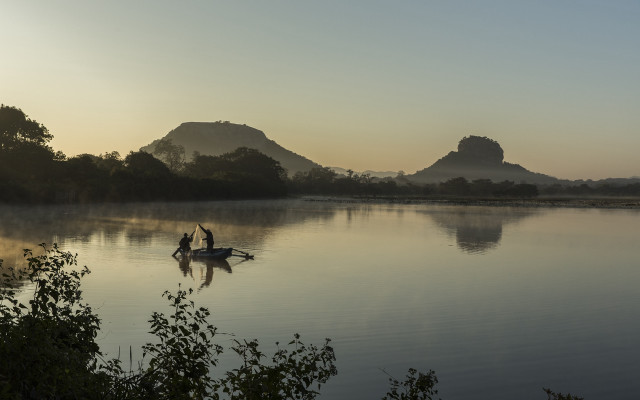 Man boat lake mountains sunset free wallpaper for desktop - medium preview image