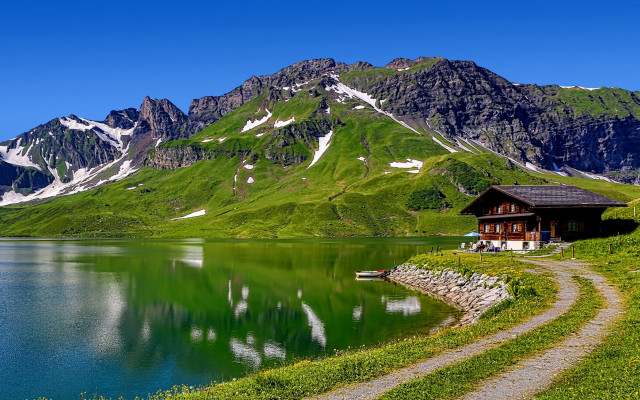 House lake hill mountain path free wallpaper for desktop - medium preview image