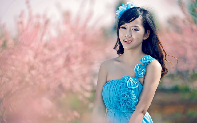 Woman blue dress cherry blossoms free wallpaper for desktop - medium preview image