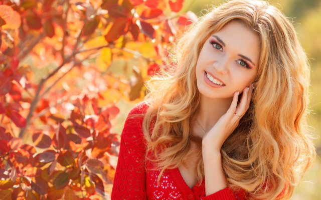 Woman red sweater autumn leaves free wallpaper for desktop - medium preview image