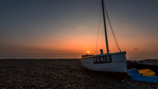 Boat beach ocean sunset bird free wallpaper for desktop - medium preview image