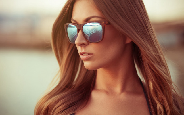 Woman longhair sunglasses blacktop blueSky free wallpaper for desktop - medium preview image