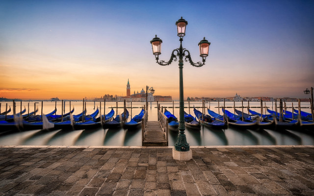 Gondolas streetlight sunset cityscape ocean free wallpaper for desktop - medium preview image