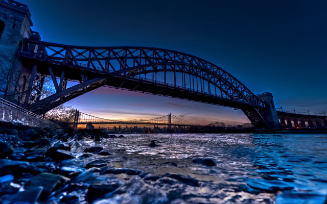 Bridge river sunset rocks cityscape free wallpaper for desktop - medium preview image