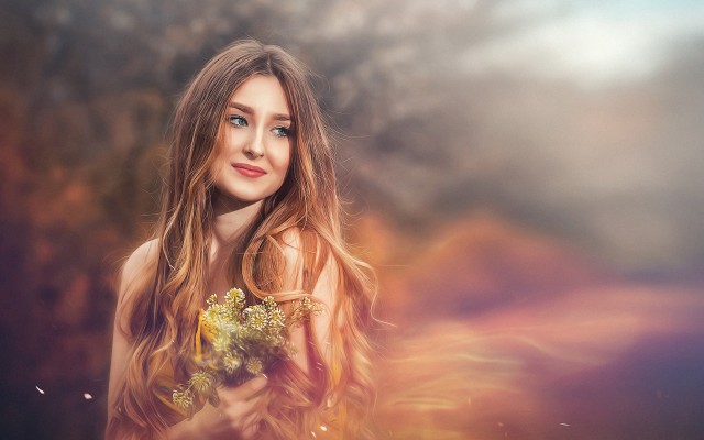 Woman long hair flower bouquet free wallpaper for desktop - medium preview image