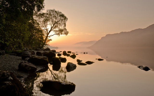 Lake rocks trees sunset silhouette free wallpaper for desktop - medium preview image