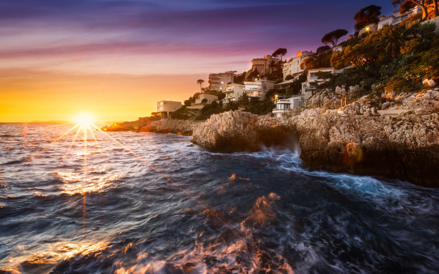 Sunset ocean houses cliff waves free wallpaper for desktop - medium preview image