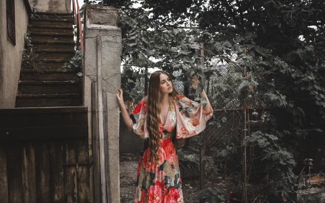 Woman tree fence bird artnouveau free wallpaper for desktop - medium preview image