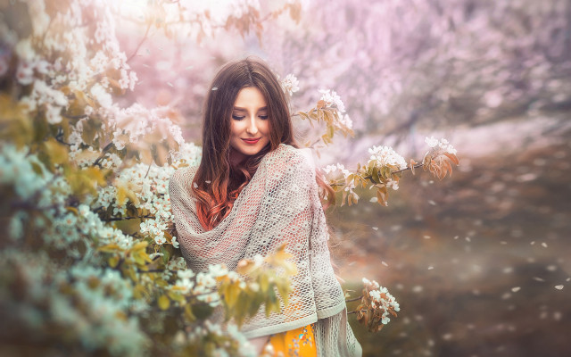 Woman flower field white sweater free wallpaper for desktop - medium preview image