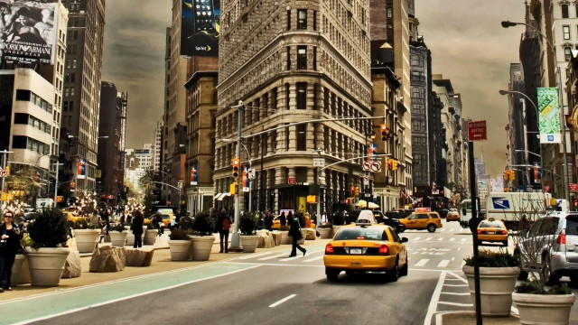 City street tall buildings cars free wallpaper for desktop - medium preview image