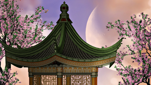 Pagoda fullmoon bloomingtrees chenchi mattefantasy free wallpaper for desktop - medium preview image