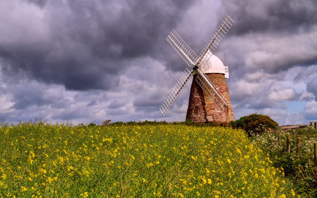 Windmill hill cloudy sky yellow free wallpaper for desktop - medium preview image