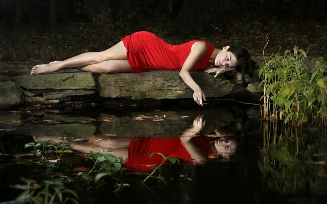 Woman red dress pond woods free wallpaper for desktop - medium preview image