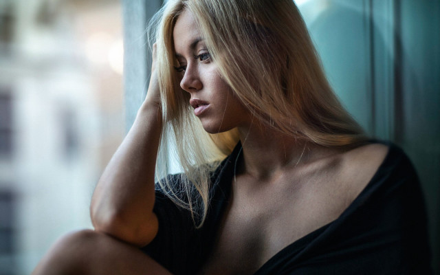 Blonde woman window portrait photography #2 free wallpaper for desktop - medium preview image