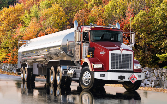 Red white truck autumn forest free wallpaper for desktop - medium preview image