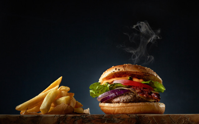 Burger fries smoke wooden table free wallpaper for desktop - medium preview image