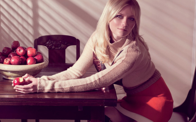 Woman sitting table bowl apples free wallpaper for desktop - medium preview image