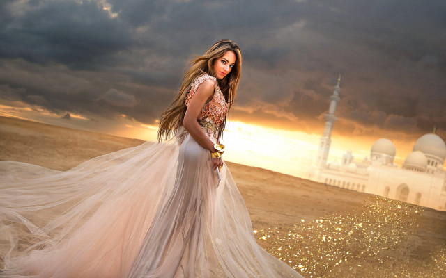 Woman dress building sunset beach free wallpaper for desktop - medium preview image