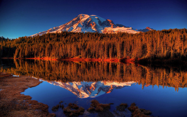 Mountain reflection trees sunset volcano free wallpaper for desktop - medium preview image