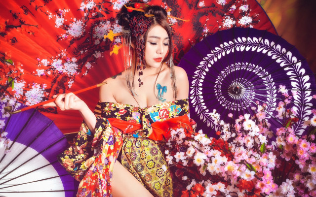 Woman colorful dress parasol flower free wallpaper for desktop - medium preview image