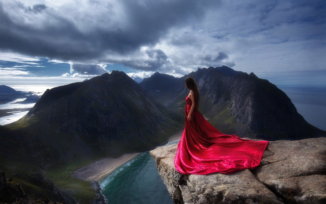 Woman red dress rock lake #2 free wallpaper for desktop - medium preview image