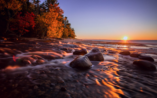 Sunset beach rocks trees water free wallpaper for desktop - medium preview image