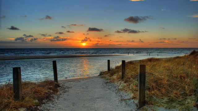 Sunset beach path ocean bridge free wallpaper for desktop - medium preview image