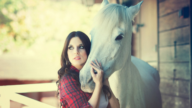 Woman horse portrait outdoors plaid free wallpaper for desktop - medium preview image