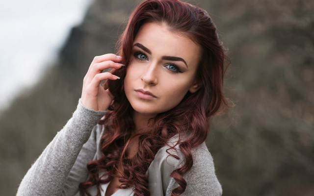 Redhaired woman mountain portrait photorealistic free wallpaper for desktop - medium preview image