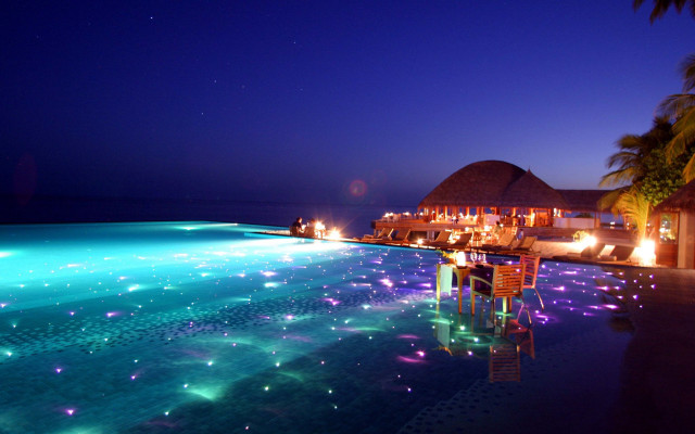 Night pool bar glowing lights free wallpaper for desktop - medium preview image