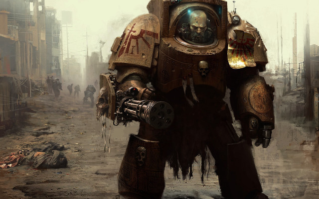 Mechanical suit man gasmask street free wallpaper for desktop - medium preview image