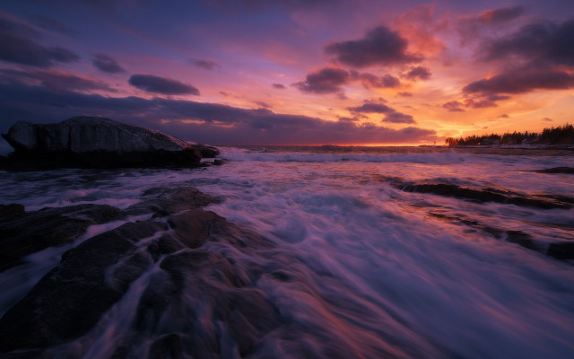 Sunset water waves rock shore free wallpaper for desktop - medium preview image