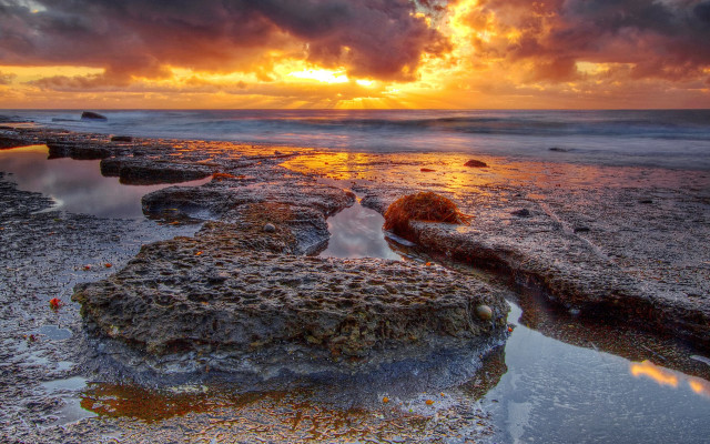 Sunset rocky beach water clouds #6 free wallpaper for desktop - medium preview image