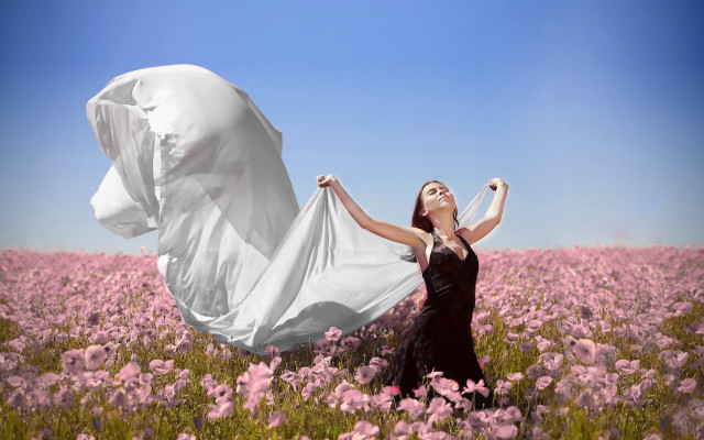Woman flower field white sheet free wallpaper for desktop - medium preview image