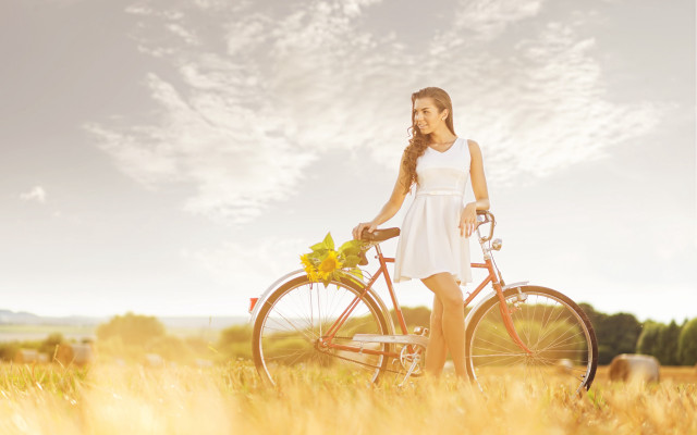Woman white dress bike field free wallpaper for desktop - medium preview image
