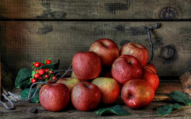 Apples wooden table planter box free wallpaper for desktop - medium preview image