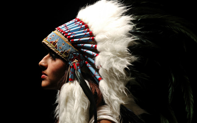 Woman headdress feathers profile blackbackground free wallpaper for desktop - medium preview image