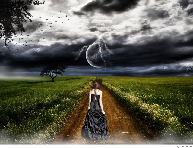Woman walking dirt road lightning free wallpaper for desktop - medium preview image