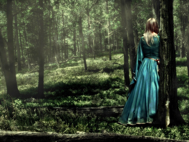 Woman blue dress forest trees free wallpaper for desktop - medium preview image