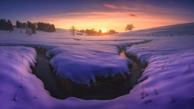 Snowy stream sunset landscape trees free wallpaper for desktop - medium preview image