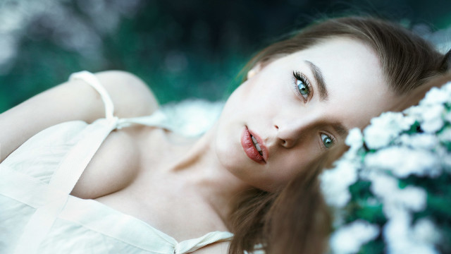 Woman blueeyes flowers whitedress photorealistic free wallpaper for desktop - medium preview image