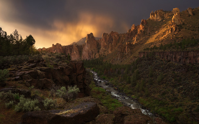 River forest mountains sunset sky free wallpaper for desktop - medium preview image
