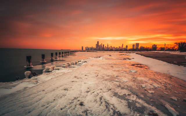 Snowy beach city sunset mountain free wallpaper for desktop - medium preview image
