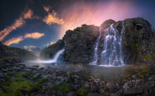 Waterfall rocky landscape sunset fantasy free wallpaper for desktop - medium preview image